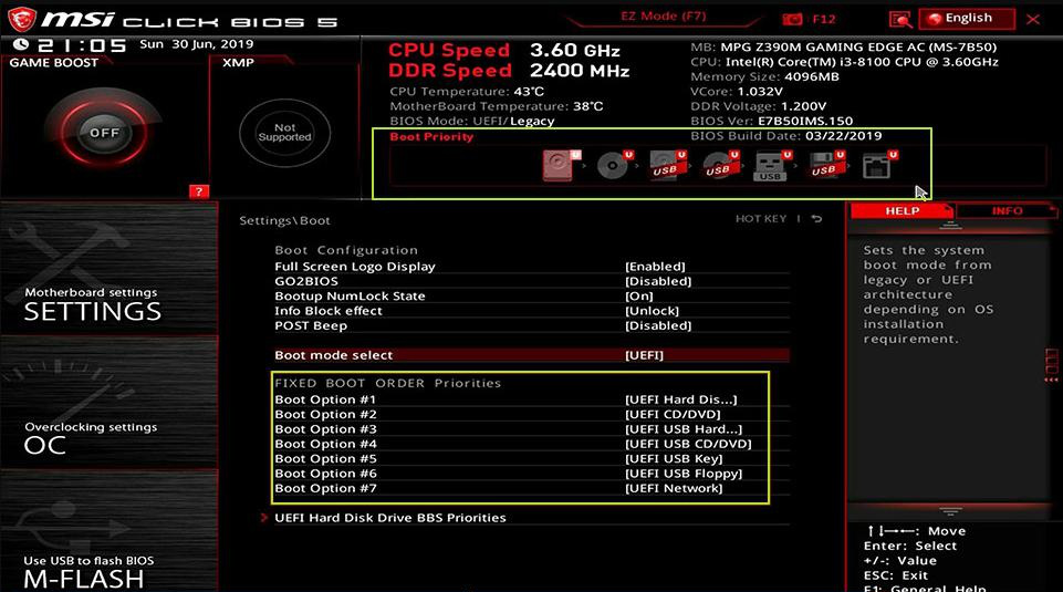 USB HDDを起動優先の最上位に設定したBIOSブートマネージャー