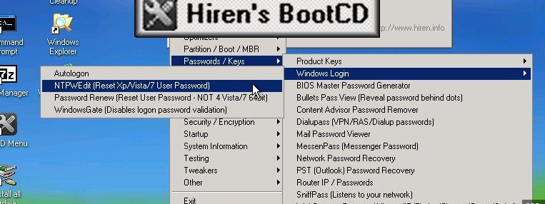 Hirens BootCDを使ってWindowsパスワードをリセットする方法