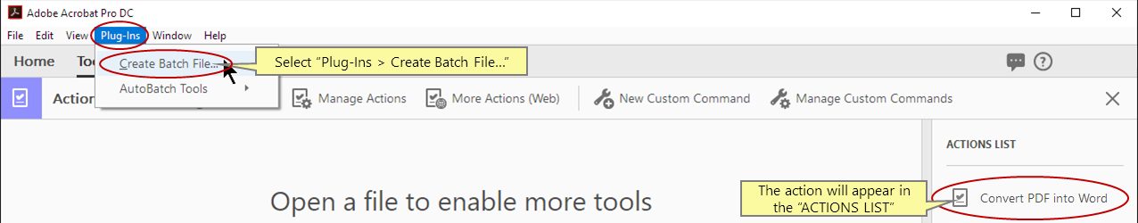 「コマンドラインバッチファイルを作成」ダイアログを開く