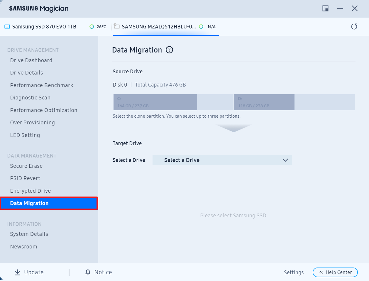 Samsung Magicianを起動してData Migrationをクリック