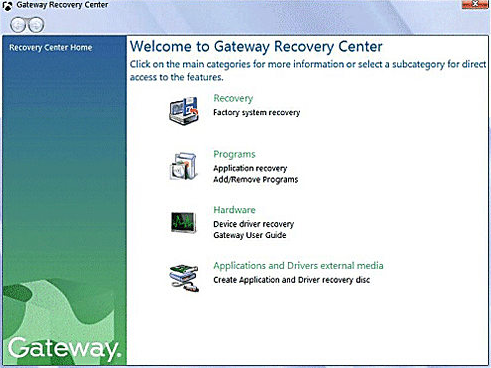 ゲートウェイ ノートパソコンの初期化のための Gateway Recovery Center