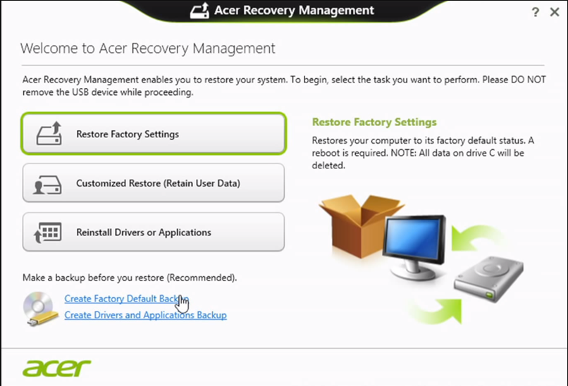 Acer eRecovery Management メニュー