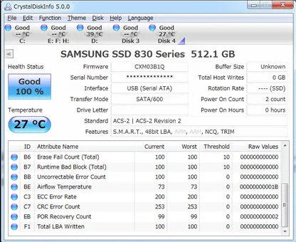 CrystalDiskInfo を使用して SSD の健全性をチェックする。