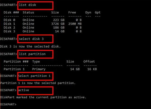 diskpart アクティブなパーティションをマークする
