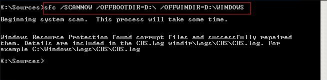 sfc /scannow /offbootdir=D: /offwindir=D:windows を実行します。