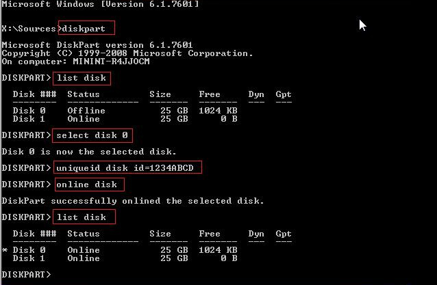 対応するdiskpartコマンドを入力します