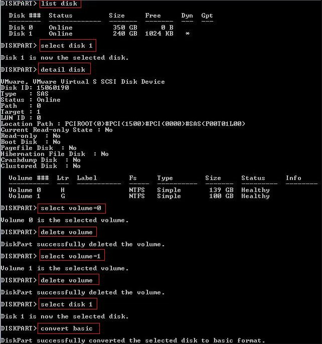 ディスクパートをベーシックディスクに変換する