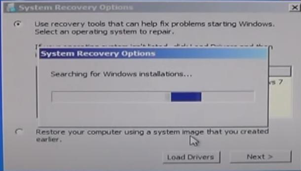 「システム回復オプション」で Windows インストールを検索します