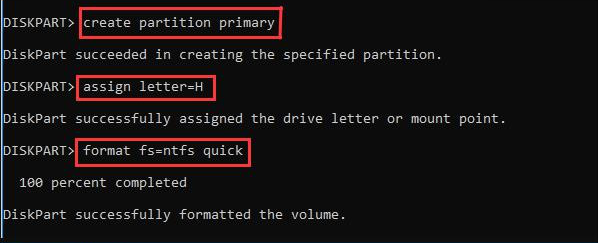 create Partition Primary コマンドと format fs コマンドを入力します。