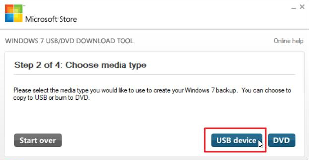 Windows USB/DVD ダウンロード ツールのメディア タイプの選択