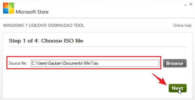 Windows USB/DVD ダウンロード ツールで ISO ファイルを選択
