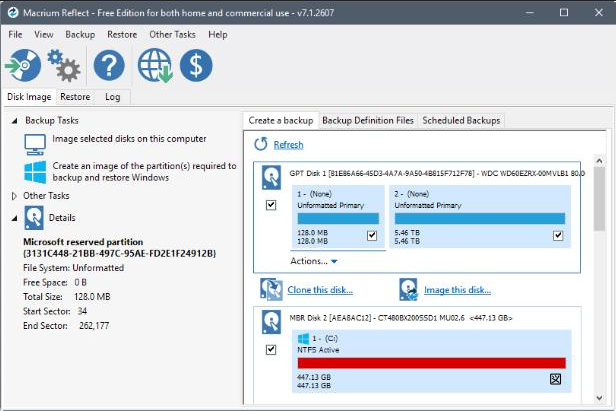 Macrium Reflect ソフトウェアのユーザー インターフェイス