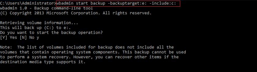 Wbadmin バックアップの開始 -backuptarget:e: -include:c: と入力します。