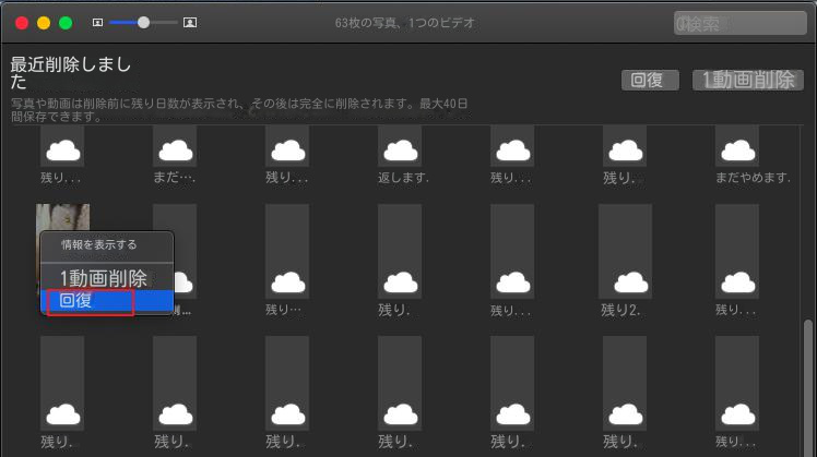 最近削除した写真の回復オプション