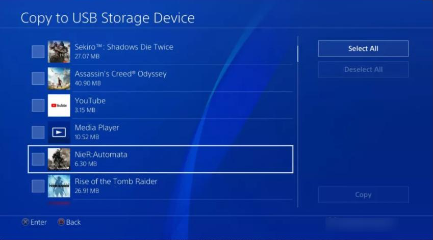 USBストレージデバイスにコピーするゲームを選択してください