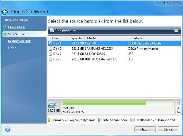 Intel SSD Data Migration Software 操作インターフェイス