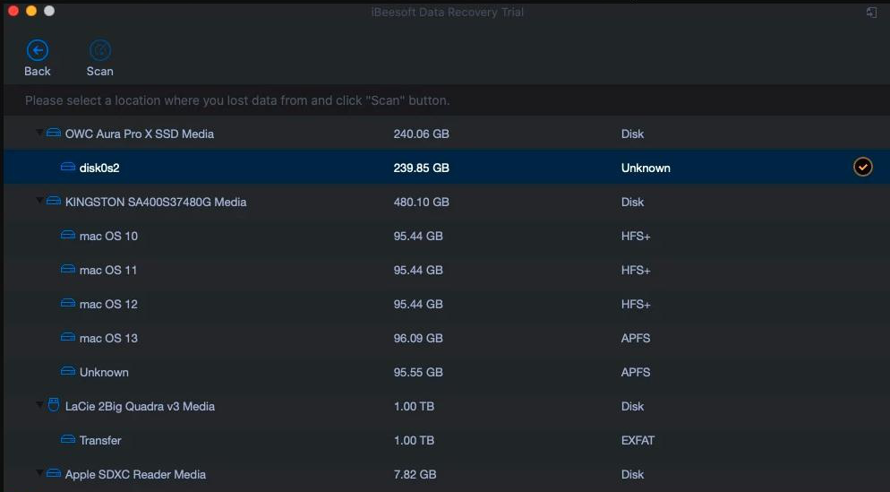 iBeesoft Data Recovery ソフトウェアの操作インターフェース