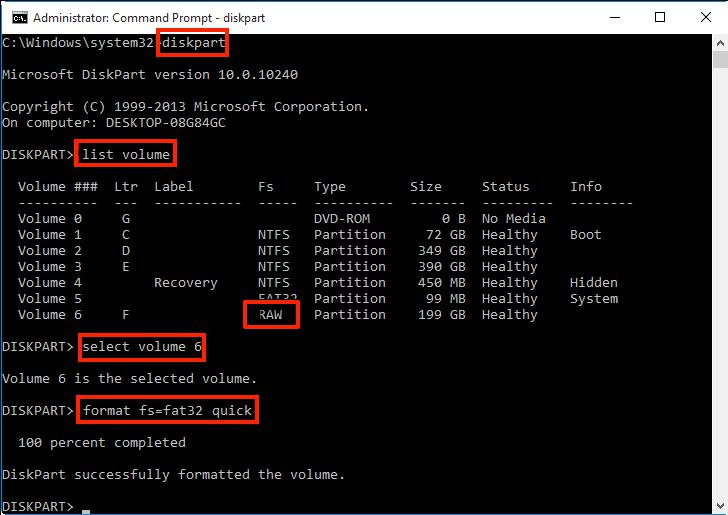 diskpart コマンドは raw パーティションをフォーマットします