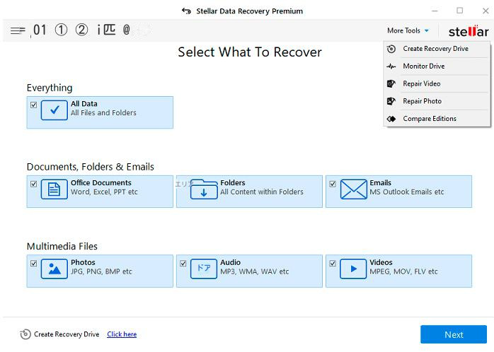 Stellar Data Recovery Premium ソフトウェア・インターフェース