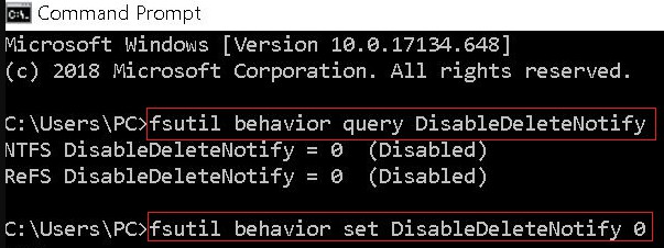 fsutil behavior query DisableDeleteNotifyの出力を示すコマンドプロンプト。結果が0ならTRIMは有効