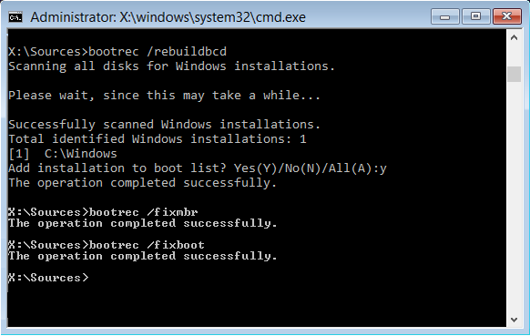 bootrec /rebuildbcdの出力(見つかったWindowsインストールが0)