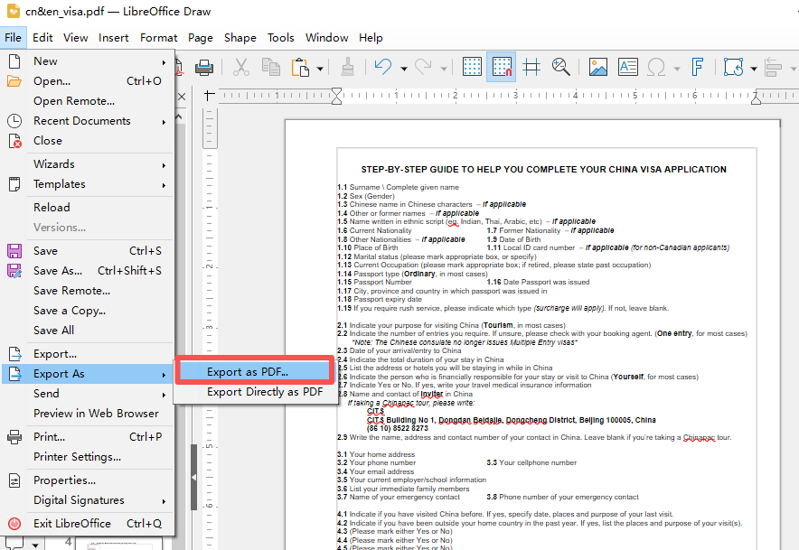 LibreOffice Draw PDF エクスポート