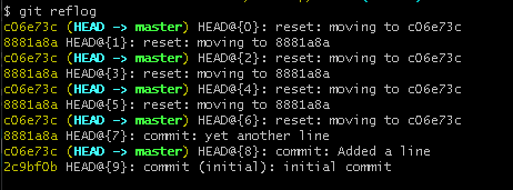git reflogでコミットを検索する画面