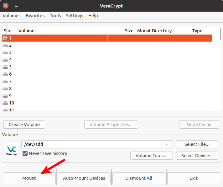 VeraCryptで暗号化したUSBメモリをマウント