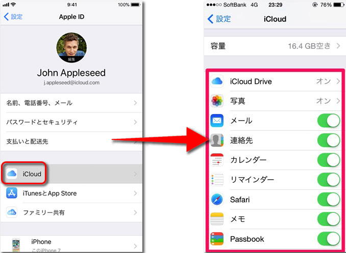 「設定」>「ユーザ名」の順に選択し、「iCloud」をタップします。次に、バックアップしたい項目を選択します。” width=”678″ height=”497″ /></div></div><div class=