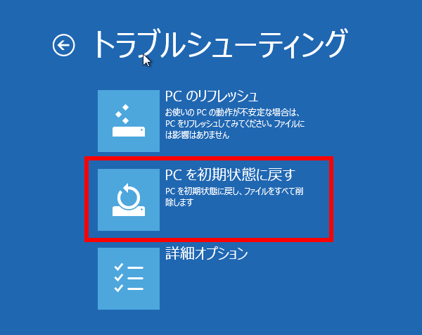 セーフモードのトラブルシューティングというページでPC を初期状態に戻す