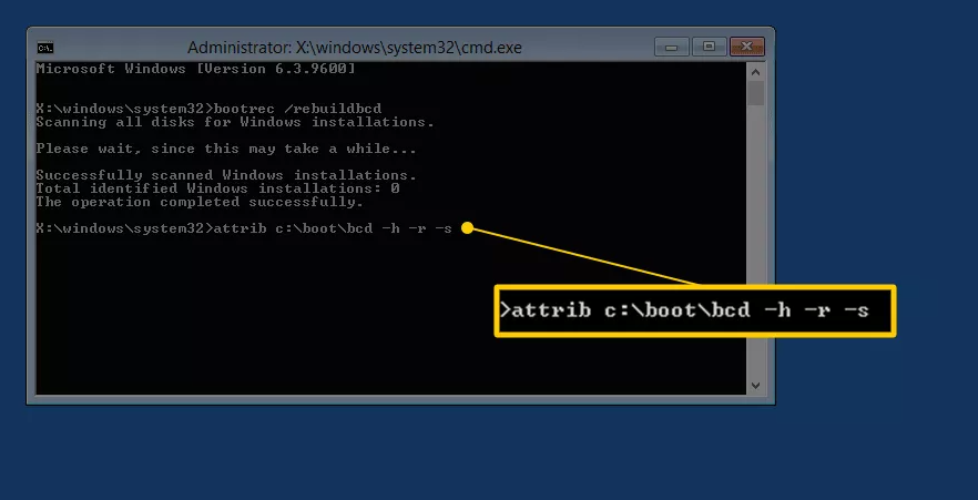 attrib c:\boot\bcd -h -r -sを入力
