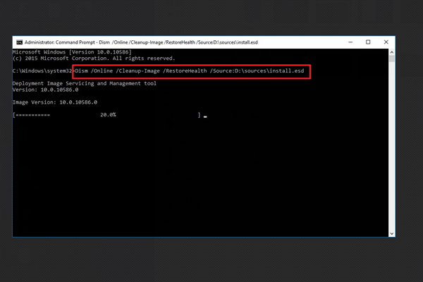 「DISM /Online /Cleanup-Image /RestoreHealth /Source:アドレス\install.esd」と入力