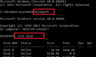 diskpartを入力し、「Enter」キーを押して、「list disk」と入力して「Enter」キーを押す