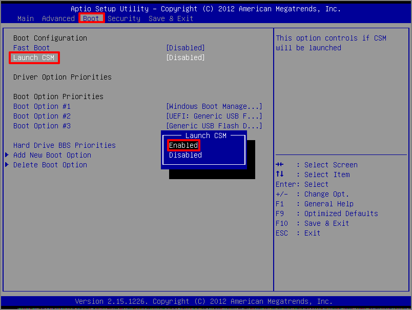 BIOSのLaunch CSMをEnableに設定