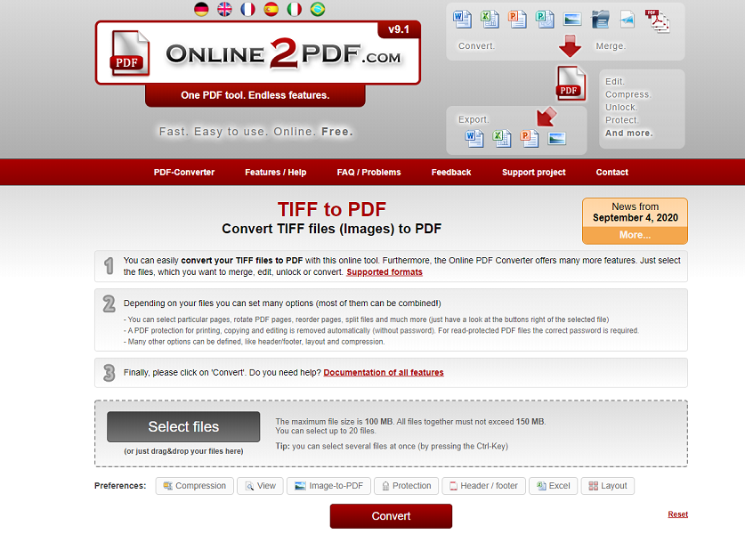 ONLINE2pdfでTIFFをPDFに変換