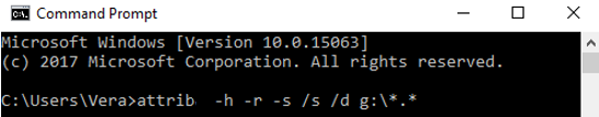 attrib -h -r -s /s /d g:\*.*コマンド