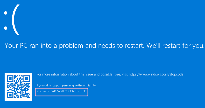 BAD SYSTEM CONFIG INFOブルースクリーンエラー