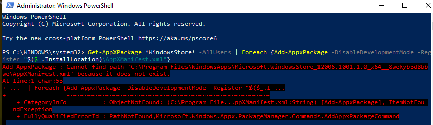 「Get-AppxPackage -allusers *WindowsStore* | Foreach {Add-AppxPackage -DisableDevelopmentMode -Register "$($_.InstallLocation)\AppXManifest.xml"}」を入力