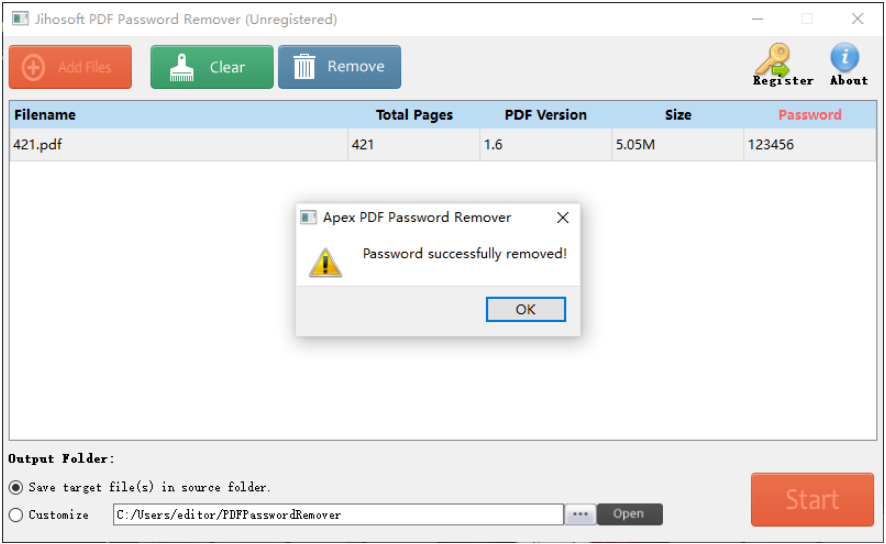 PDFパスワードリムーバーのメインインターフェイス