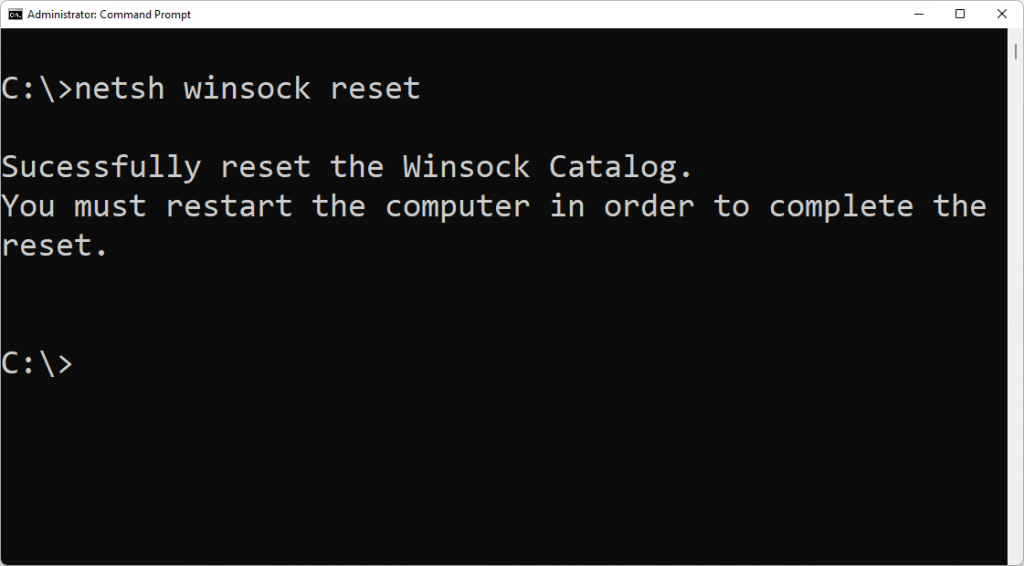 「netsh winsock reset」コマンド