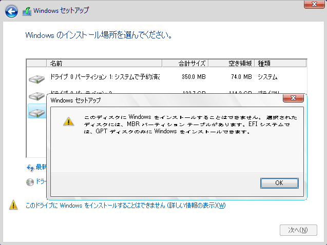 このドライブにWindowsをインストールできません