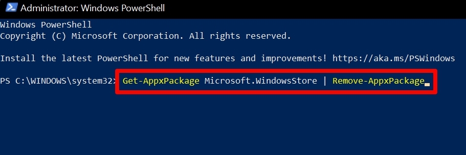 「Get-AppxPackage -allusers *WindowsStore* | Remove-AppxPackage」を入力
