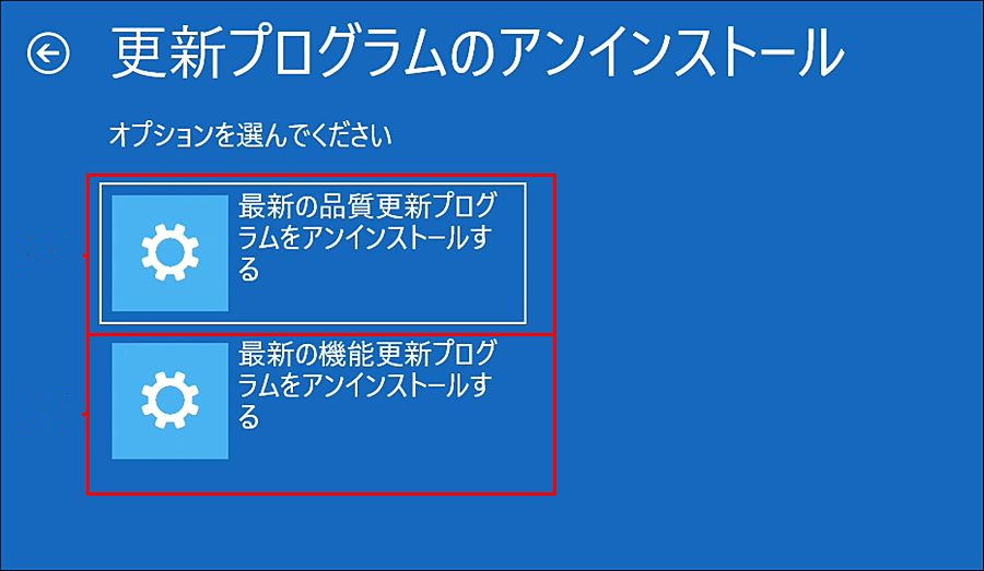 アンインストールするアップデートの種類を選択してください