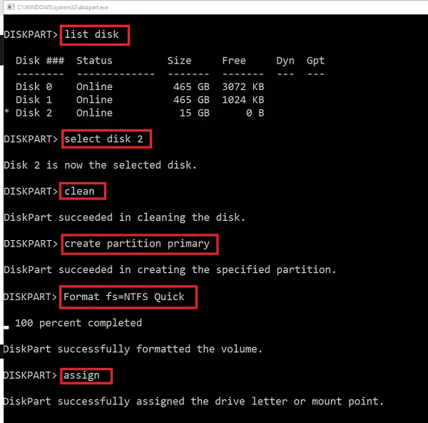 format fs=FAT32 QuickとAssignを入力