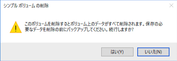 このボリュームを削除すると、そのボリューム上のすべてのデータが消去されます