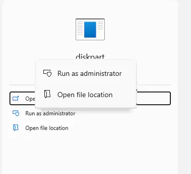 diskpart を検索し、管理者として実行します