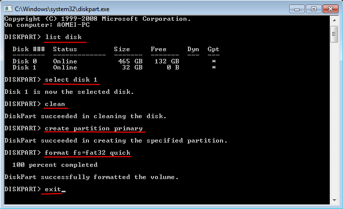 format fs=FAT32 quickを入力