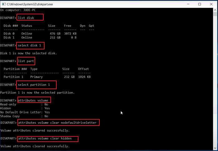 attribute volume clear NoDefaultDriveLetterを入力