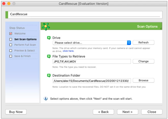 CardRescue ソフトウェアの操作インターフェース