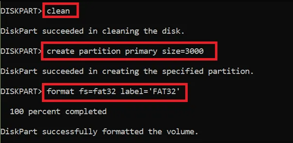 コマンド「format fs=FAT32 Quick」を入力